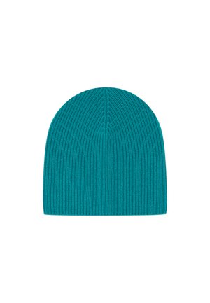 Türkisfarbener gestrickter Beanie-Hut, gerippte Textur, abgerundete Spitze und nahtloses Design. Weicher Stoff, geeignet für kaltes Wetter.