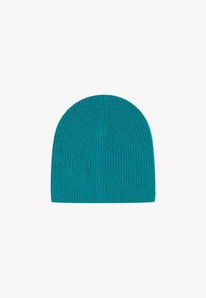 Miętowy, dziany kapelusz typu beanie, o prążkowanej teksturze, zaokrąglonym szczycie i bezszwowej konstrukcji. Miękka tkanina idealna na chłodne dni.