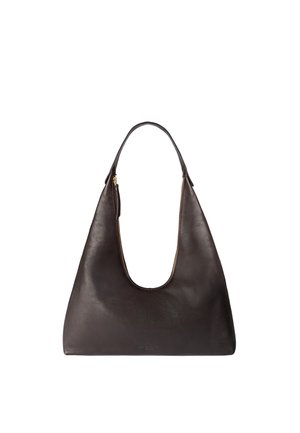Dark brown leather handbag with a single curved handle and gold zipper details on both sides, featuring a minimalist design.