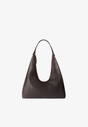 Dark brown leather handbag with a single curved handle and gold zipper details on both sides, featuring a minimalist design.