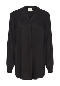 Blusa negra de manga larga con una textura suave, que presenta un escote en V y un sutil patrón de diamantes. Puños elásticos y corte holgado.