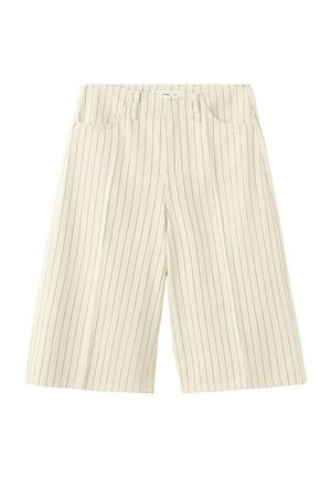 Bež kratke hlače širokih nogavic z nežnimi navpičnimi črnimi črtami, sprednjimi žepi, zankami za pas in zadrgo z zaponko na sprednji strani.