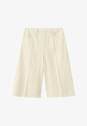 Bež kratke hlače širokih nogavic z nežnimi navpičnimi črnimi črtami, sprednjimi žepi, zankami za pas in zadrgo z zaponko na sprednji strani.