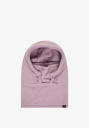 Light purple fleece hood with a snug design, featuring a drawstring closure and soft texture, ideal for warmth and comfort.
