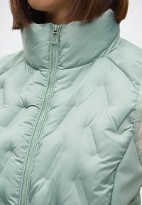 Svetlozelená prešívaná vesta s vysokým golierom a zipsom po celej dĺžke. Obsahuje prešívanú textúru a sieťovinové bočné panely pre lepšiu priedušnosť.