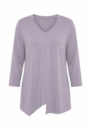 Lila langärmliges V-Ausschnitt-Oberteil mit asymmetrischem Saum und weichem Stoff, vor weißem Hintergrund dargestellt.
