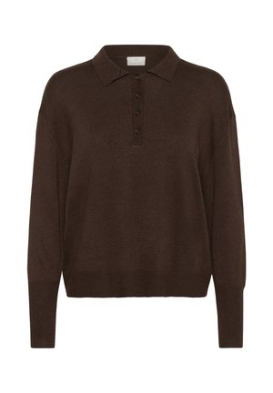 Pull en maille marron avec un col polo, présentant une patte de boutonnage et des poignets et un ourlet côtelés. Texture douce et coupe décontractée.