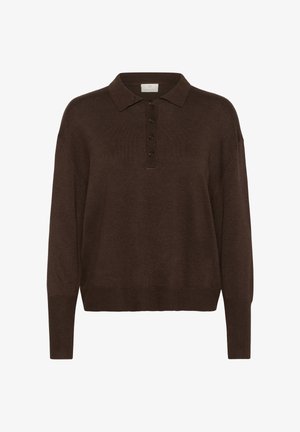 Brown knitted pullover with a polo collar, featuring a button placket and ribbed cuffs and hem. Soft texture and relaxed fit.