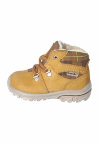 Botín de cuero amarillo hasta el tobillo con acentos de cuadro marrón, forro de pelo sintético blanco, cordones marrones y una suela de goma texturizada.
