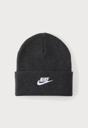 Gorro de punto gris oscuro con puño doblado y logo de Nike en blanco y swoosh bordado en la parte delantera.