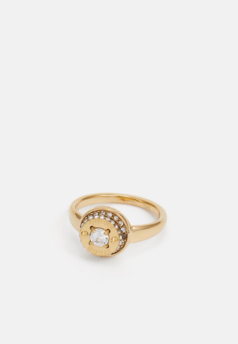 Gullring med en sentral klar stein omgitt av glitrende krystaller. Jevn ring med et gravert logo på det runde hodet.