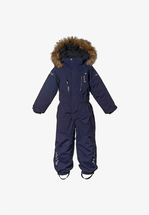 Mörkblå isolerad snoverall med huva med fuskpäls, dragkedjefickor på bröstet, elastisk midja och reflexdetaljer på benen.