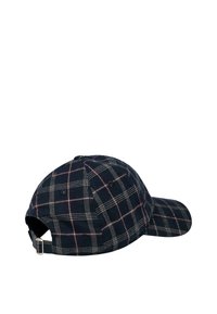 Cotton cap featuring a navy plaid pattern with white and red accents. Curved brim and adjustable strap at the back for a secure fit.