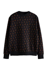 Felpa nera con motivi arancioni, con varie forme. Collo e polsini a coste. Tessuto morbido con vestibilità comoda.