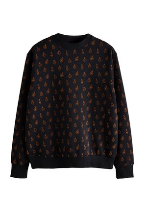 Sudadera negra con patrones naranjas, que presenta diversas formas. Cuello y puños acanalados. Tela suave con un ajuste relajado.