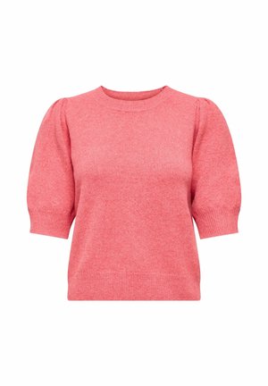Soft coral pink short-sleeve sweater with puffed sleeves, ribbed cuffs, crew neckline, and a fitted ribbed hem.