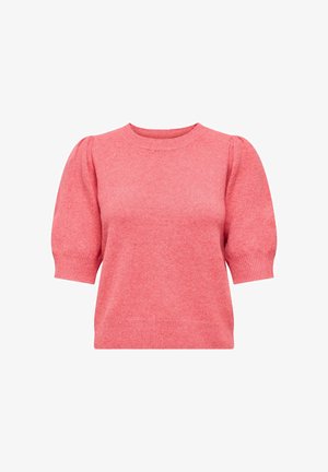 Soft coral pink short-sleeve sweater with puffed sleeves, ribbed cuffs, crew neckline, and a fitted ribbed hem.