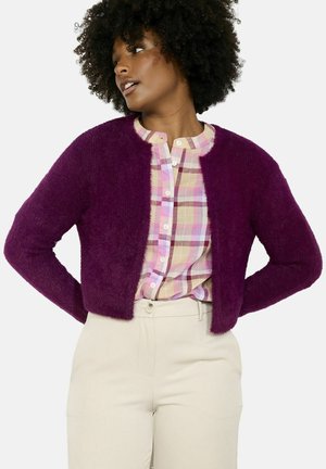 Lila flauschige Strickjacke mit Rundhalsausschnitt, kombiniert mit einem karierten Hemd in sanften Pastellfarben und beigen Hosen.