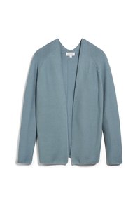 Light blue open-front cardigan with long sleeves, ribbed texture, and a relaxed fit. Features seamless shoulder design and no fasteners.