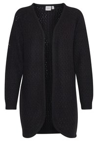 Černý pletený cardigan s otevřeným předním dílem, dlouhými rukávy a texturou s krajkovým vzorem. Obsahuje žebrované detaily podél okrajů.