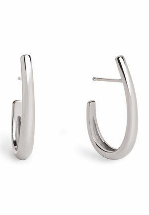 Paar elegante, polierte silberne Creolen mit leicht quadratischem, offenem Design und Stecker-Verschlüssen.