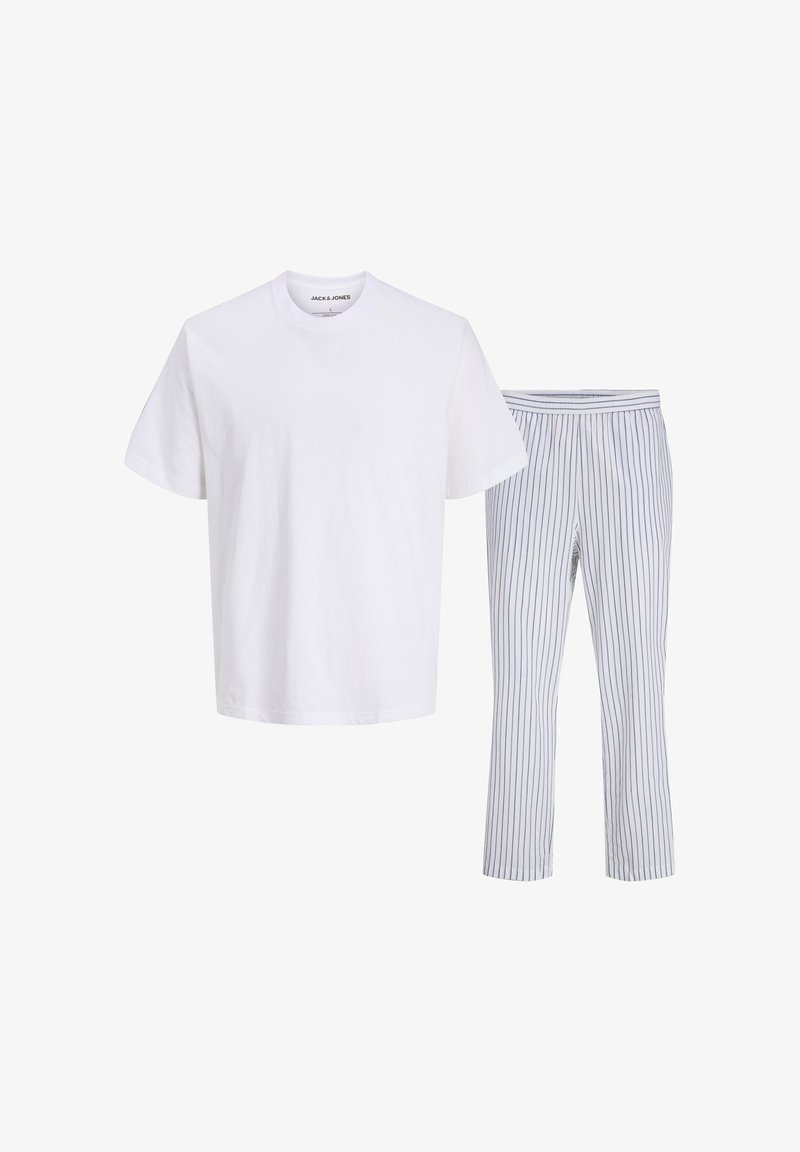 White cotton t-shirt with short sleeves beside striped pants in light blue and white, featuring an elastic waistband and tapered legs.