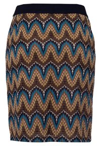 Gebreide pencebroek met een golvend zigzagpatroon in bruin, blauw en crème, voorzien van een zwarte elastische tailleband en gestructureerde stof.