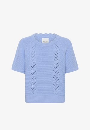 Világoskék rövid ujjú kötött pulóver környakkal, függőleges, áttört cikkcakkmintákkal az elején és az ujjakon.