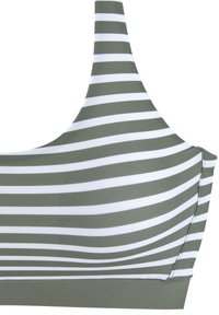 Grüner und weiß gestreifter Bikini-Oberteil mit glatter Textur, dünnen Schulterträgern und einem gebundenen Saum für zusätzlichen Halt.