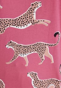 Pink fabric featuring leopards in various poses. The leopards are tan with black spots, outlined in white, showcasing smooth textures.