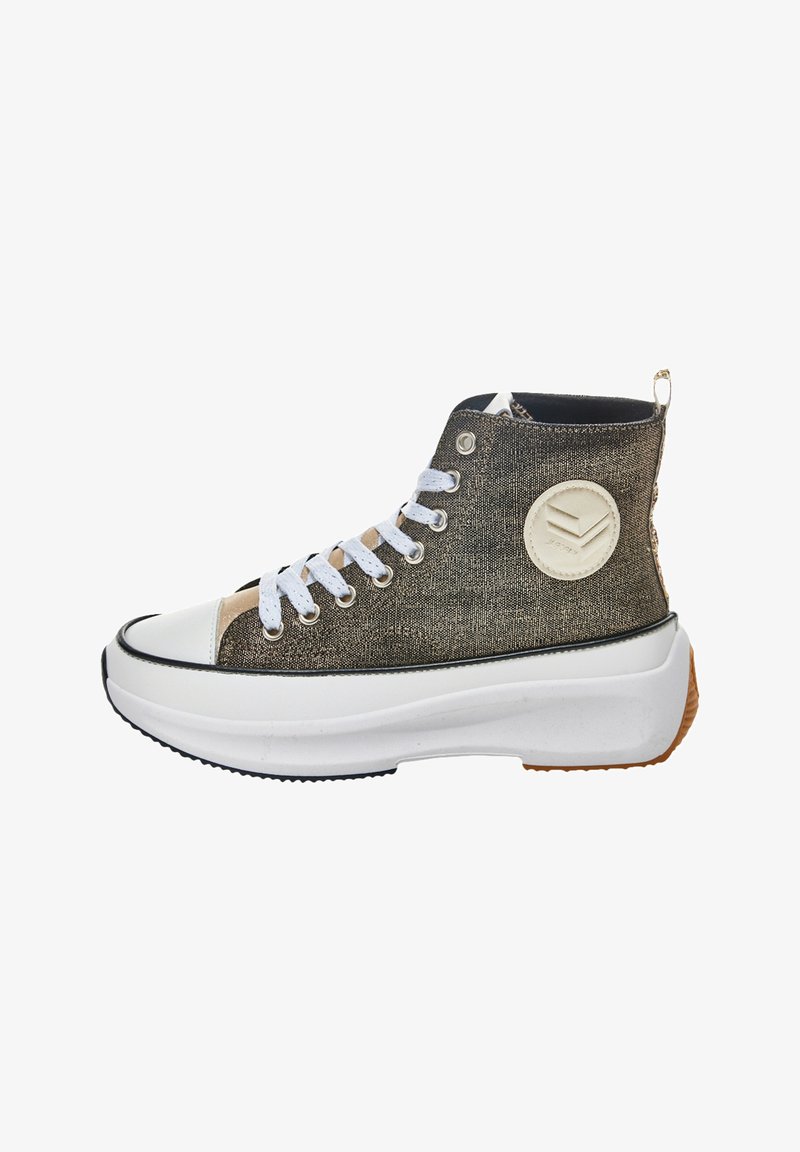 High-top sneakers with a textured dark gray fabric upper, white rubber sole, and round logo patch on the side, featuring white laces.