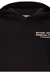 Felpa nera in tessuto morbido con tasca a marsupio. Presenta una grafica frontale con testo bianco: "RETROU JEAN ESSENTIAL. TUTTO INIZIA CON".