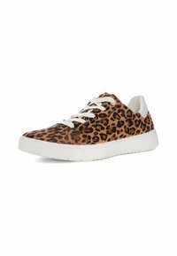 Tenisky s leopardím vzorem, které mají hnědý a černý vzor na semišovém materiálu, bílé šněrování a bílou gumovou podrážku.