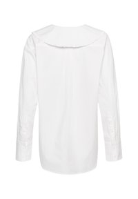 Blusa bianca a maniche lunghe con colletto arricciato rotondo, polsini con bottone, e un tessuto in cotone leggero e morbido con una vestibilità comoda.