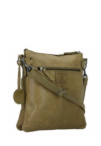 Borsa a tracolla in pelle verde oliva con chiusure a zip, tracolla regolabile e tasca frontale con un patch a tema nautico.