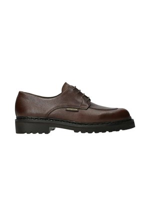 Chaussure homme en cuir marron à lacets avec semelle épaisse en caoutchouc noir et étiquette de la marque "Mephisto" sur la partie supérieure texturée.