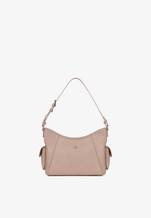 Beige leather shoulder bag with adjustable strap, front button detail, and side flap pockets.
