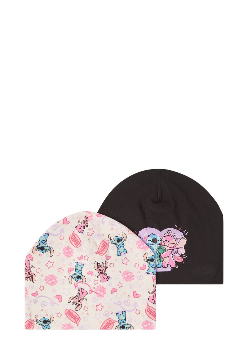 Dwie bawełniane czapki: jedna biała z wielokolorowymi wzorami Stitche'a i gwiazdkami, druga czarna z kolorową grafiką Stitche'a w kształcie serca.