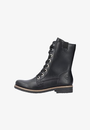 Black leather ankle boots with a rounded toe, lace-up front, metal eyelets, and a textured rubber sole. Features a small logo on the side.