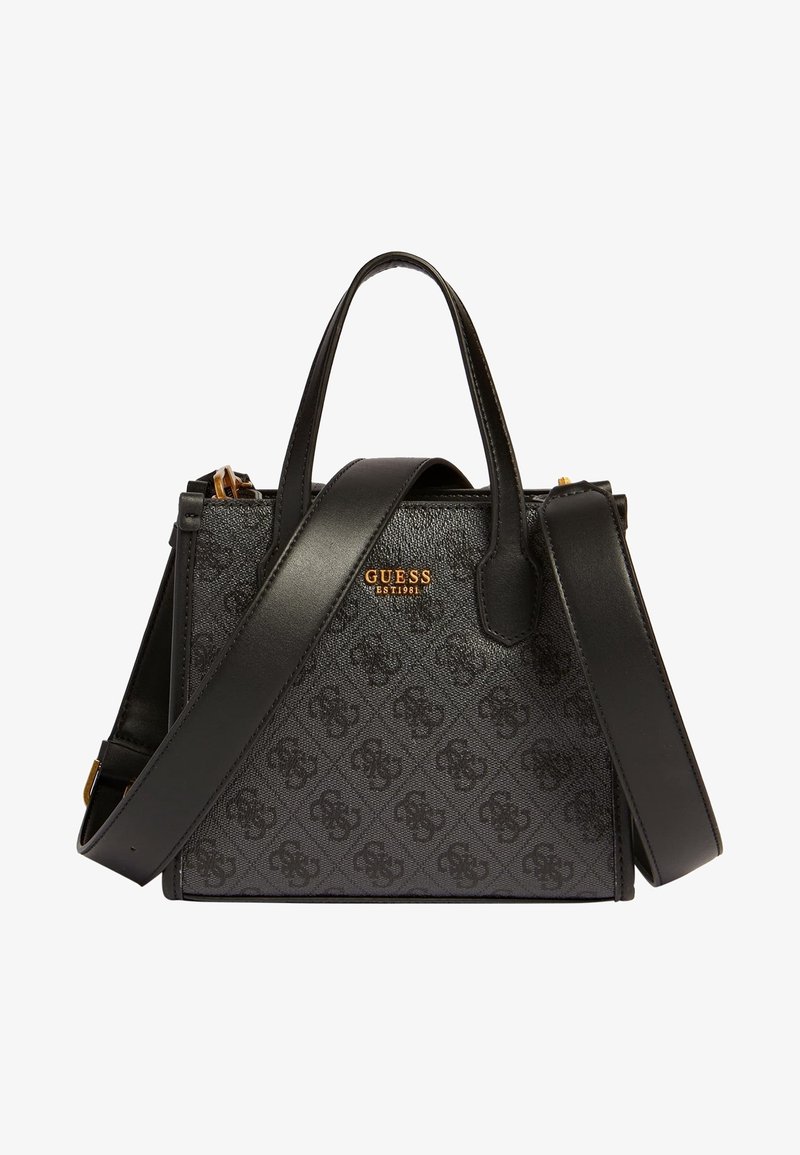 Sac à main noir avec une surface texturée, accent logo doré, double poignées et une bandoulière amovible. Présente un design structuré et plusieurs compartiments.