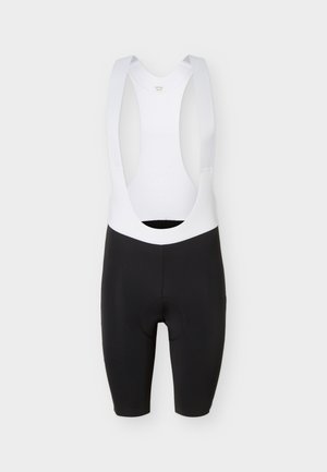 Czarne spodenki kolarskie z szelkami na ramiona w kolorze białym oraz wyściełanym siedziskiem, zaprojektowane z myślą o wydajności i komforcie.