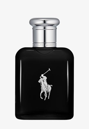 Flacon de parfum rectangulaire noir avec un bouchon argenté et un logo joueur de polo blanc à l'avant.