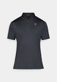 Polo noir en tissu lisse et léger. Dispose d'un col replié, d'une patte de boutonnage à trois boutons et d'un petit logo sur la poitrine gauche.