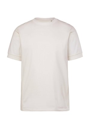 T-shirt bianco a maniche corte realizzato in cotone morbido. Presenta un colletto a girocollo e un orlo dritto con una texture liscia. Design semplice, senza motivi né dettagli.