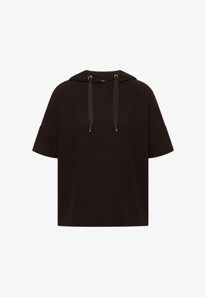 Sort kortærmet strikket hættetrøje med snoretræk og afslappet pasform, vist på en hvid baggrund.