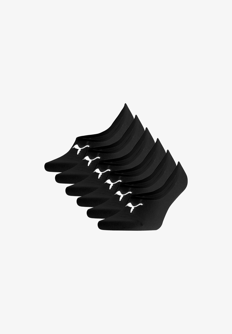 Six paires de chaussettes no-show noires avec un logo silhouette de chat blanc empilées en diagonale sur un fond blanc.