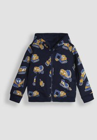 Felpa con cappuccio blu navy con stampe di veicoli da costruzione in giallo e blu. Include una zip frontale e tasche a marsupio. Tessuto misto cotone.
