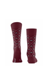 Bordowe skarpetki z motywem diamentowym, z białymi liniami i małymi grafikami samochodów. Żebrowany mankiet, materiał mieszanki bawełny dla wygody.
