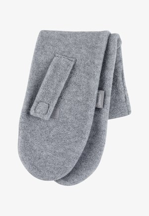 Soft gray fleece scarf with a sewn-in strap for adjustable fastening and a small brand label on the side.
