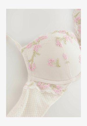 Beige-BH mit rosa und grüner Blumenstickerei, transparenten Spitzelementen, glattem Stoff, Bügelunterstützung und verstellbaren Trägern.